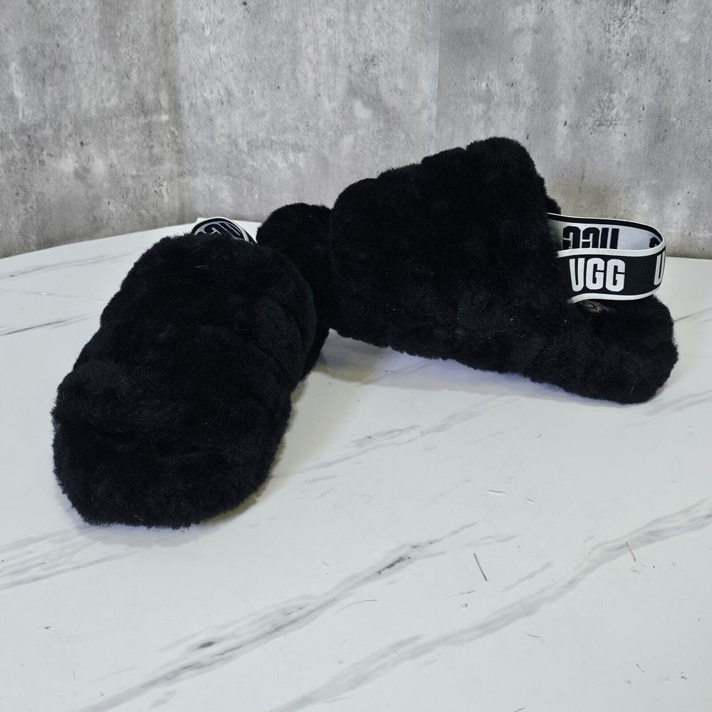 UGG Womens 6‎ Fluff Yeah Slide Black Slippers Sling Back Logo - Picture 2 of 11